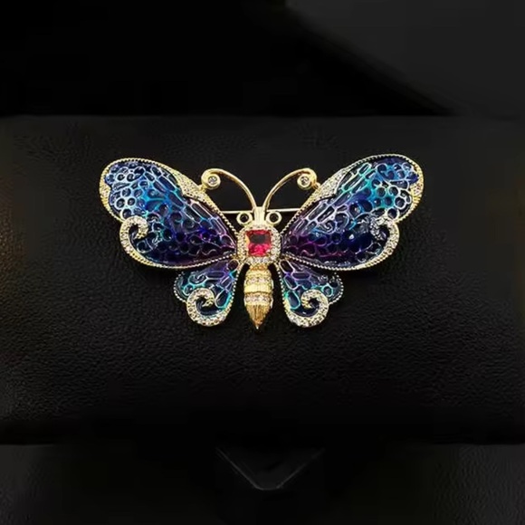 Butterfly Majestic Blue Gold Brooch - Picture 7 of 9
